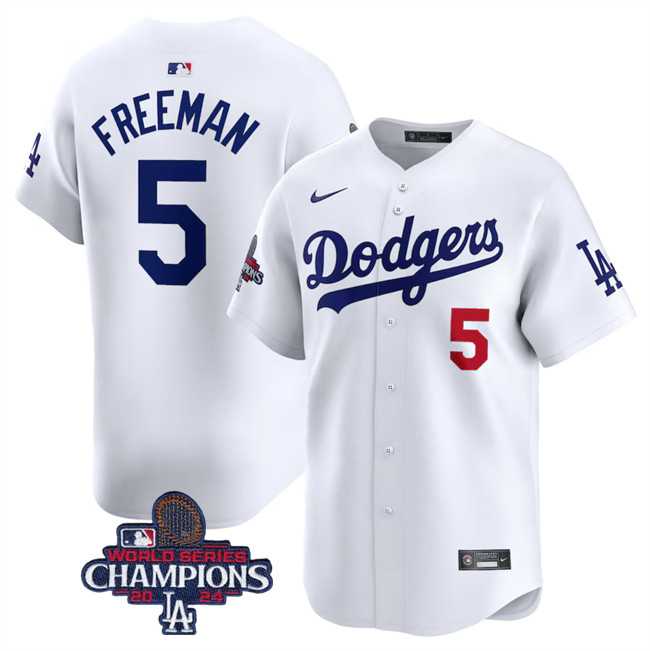 Mens Los Angeles Dodgers #5 Freddie Freeman White 2024 World Series Champions Home Limited Stitched Baseball Jersey